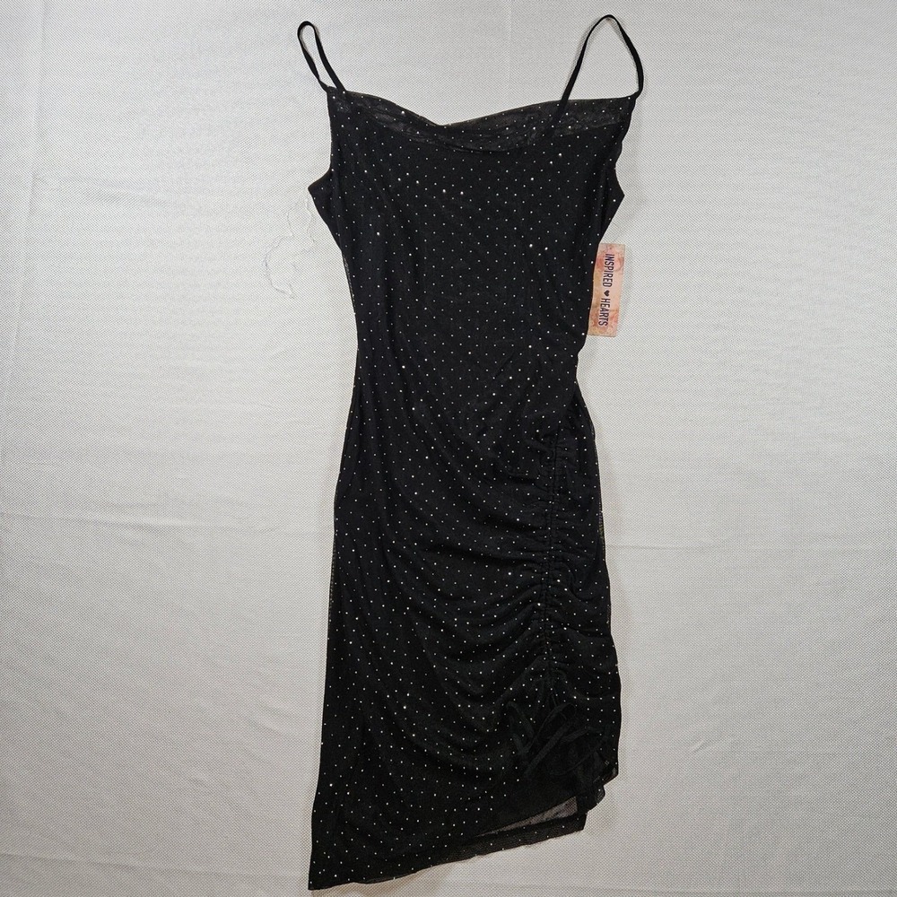 NWT Inspired Hearts Black Rhinestone Mesh Ruched Asymmetrical‎ Dress Womens MED
